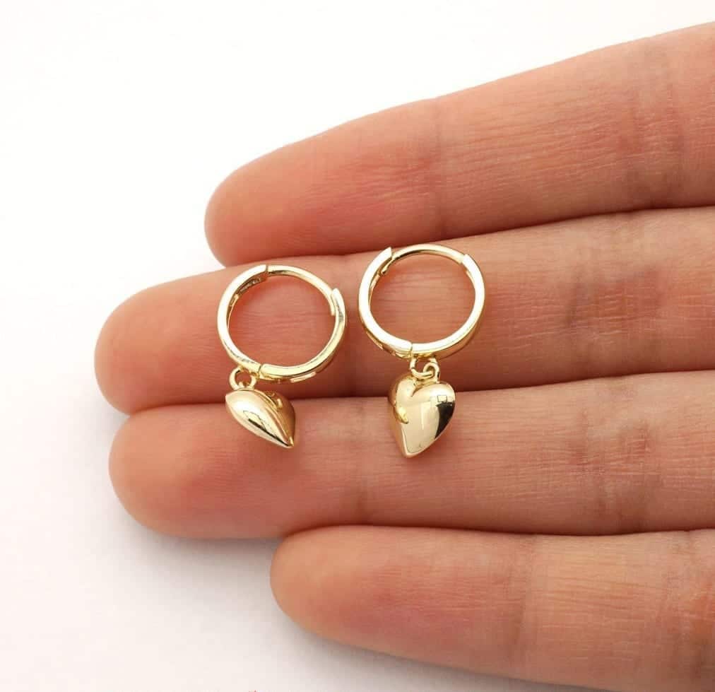 14k Yellow Gold White Gold Heart Drop Huggie Hoop Earrings 0.83"