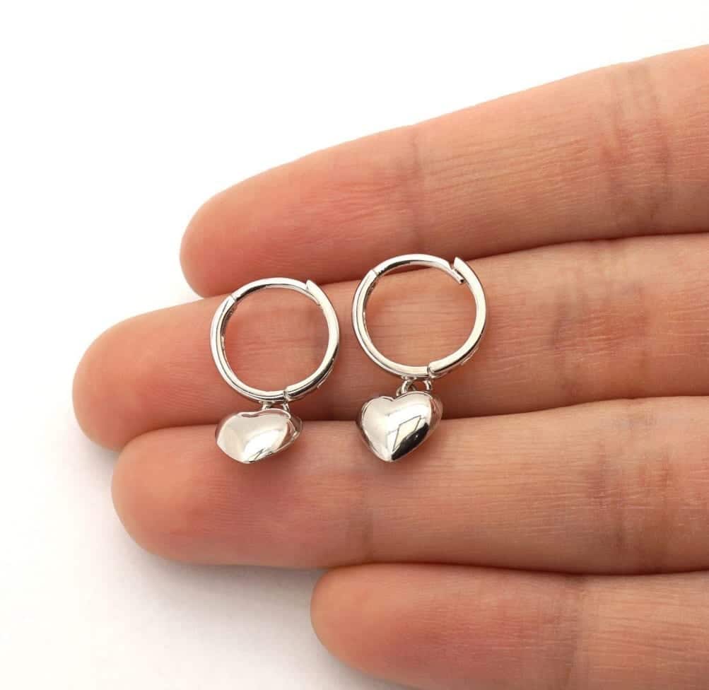 14k Yellow Gold White Gold Heart Drop Huggie Hoop Earrings 0.83"