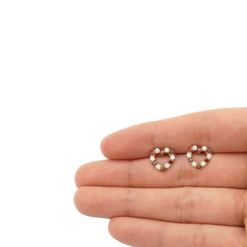14k Yellow Gold CZ & Birthstone Heart Screw Back Stud Earrings