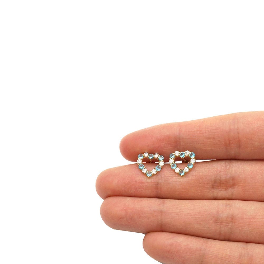14k Yellow Gold CZ & Birthstone Heart Screw Back Stud Earrings