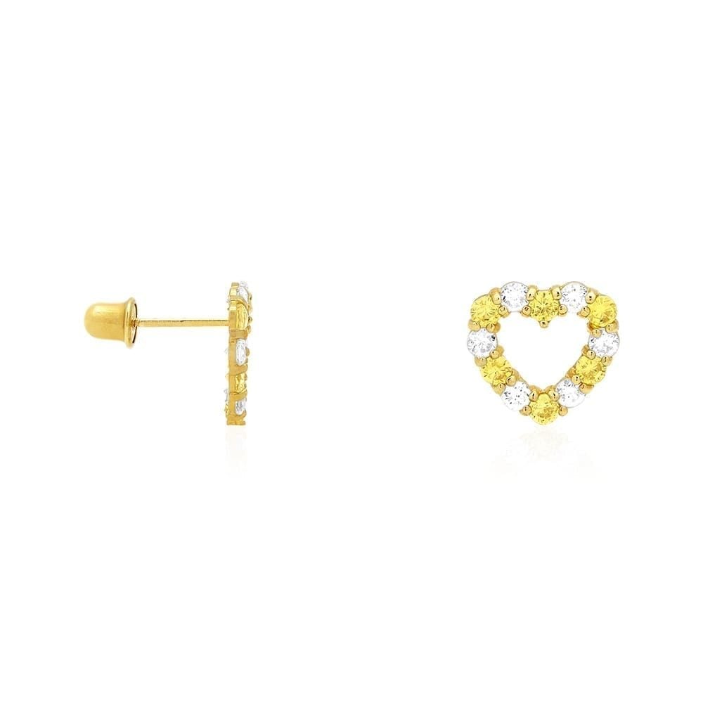14k Yellow Gold CZ & Birthstone Heart Screw Back Stud Earrings