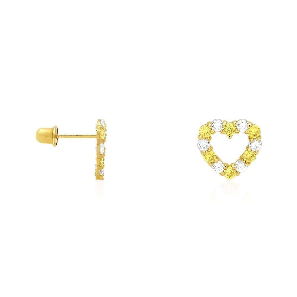 14k Yellow Gold CZ & Birthstone Heart Screw Back Stud Earrings