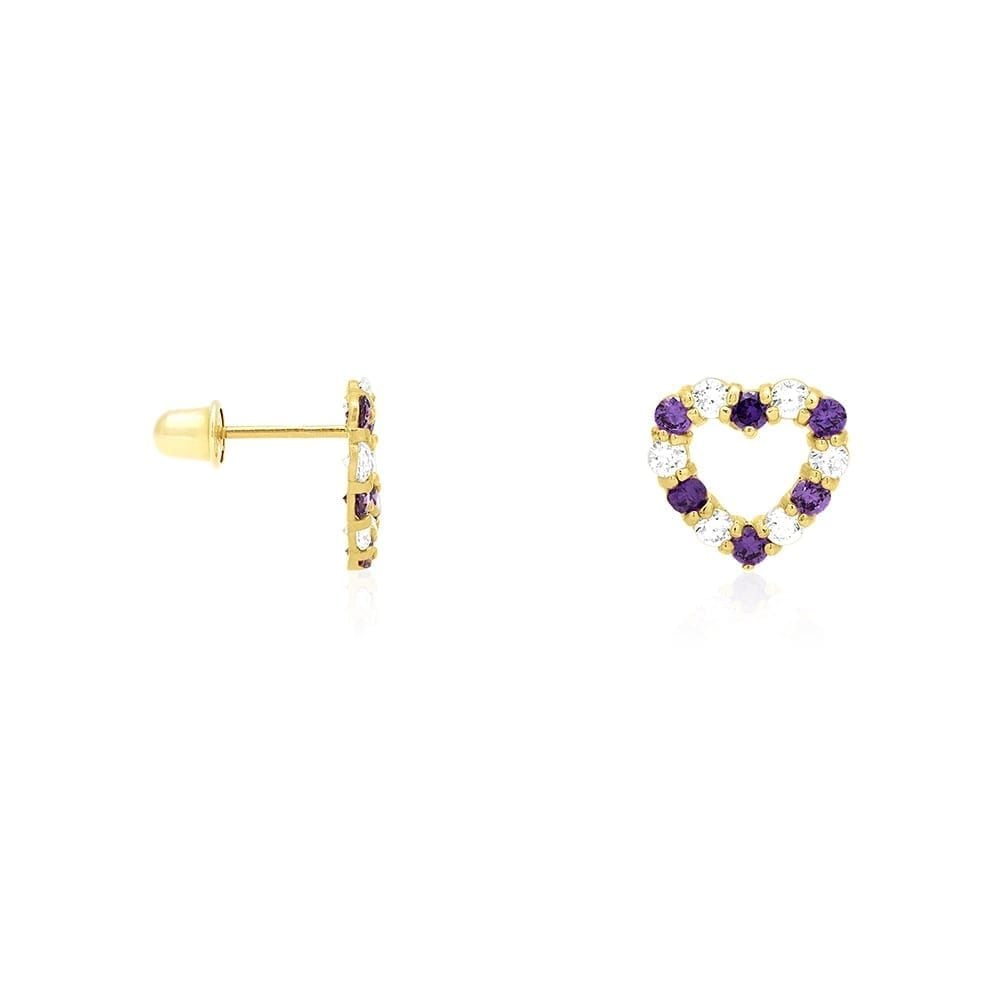 14k Yellow Gold CZ & Birthstone Heart Screw Back Stud Earrings