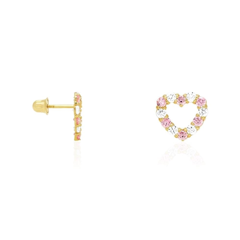 14k Yellow Gold CZ & Birthstone Heart Screw Back Stud Earrings