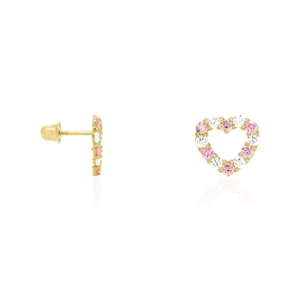 14k Yellow Gold CZ & Birthstone Heart Screw Back Stud Earrings