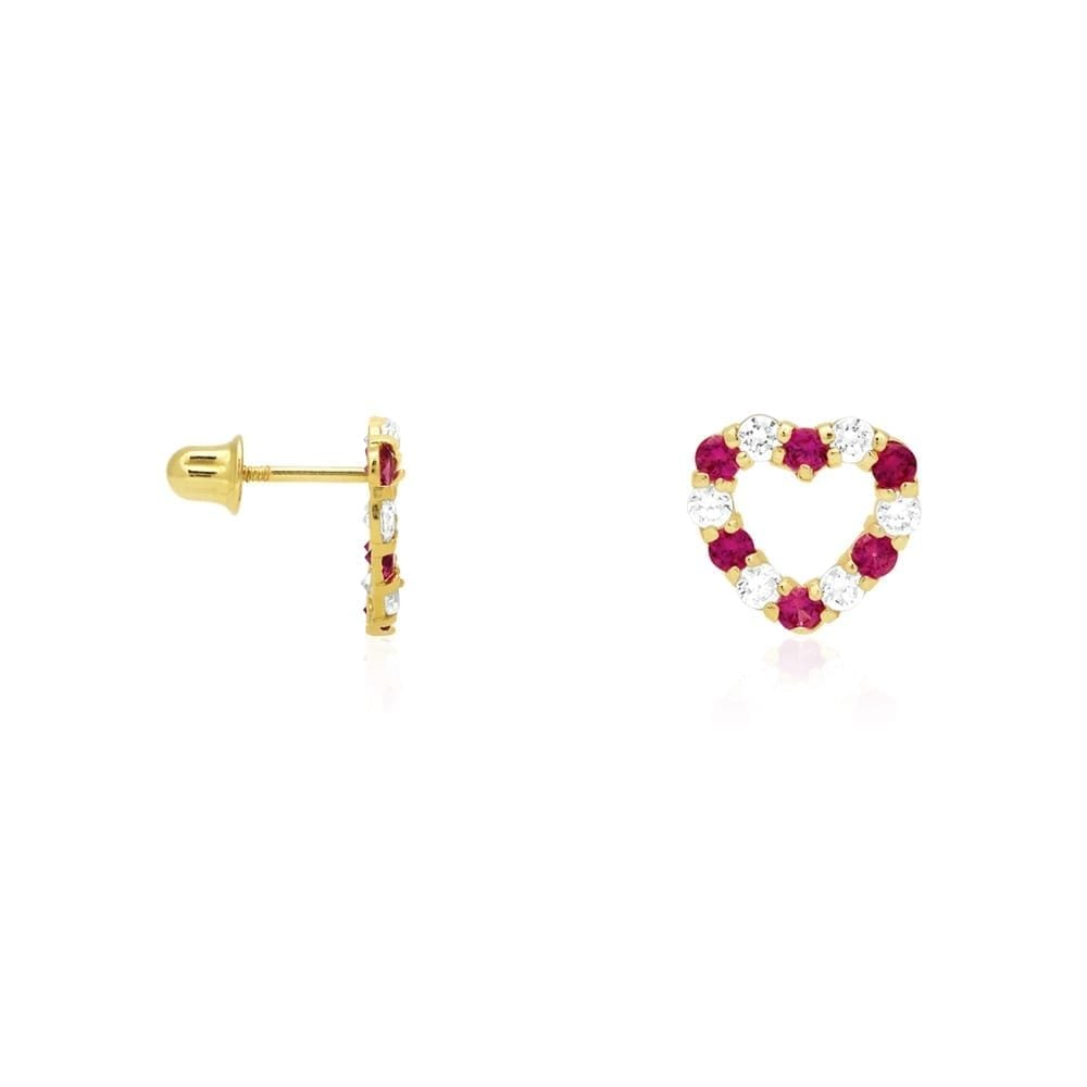 14k Yellow Gold CZ & Birthstone Heart Screw Back Stud Earrings