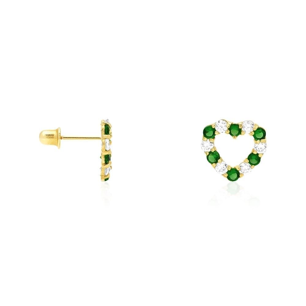 14k Yellow Gold CZ & Birthstone Heart Screw Back Stud Earrings