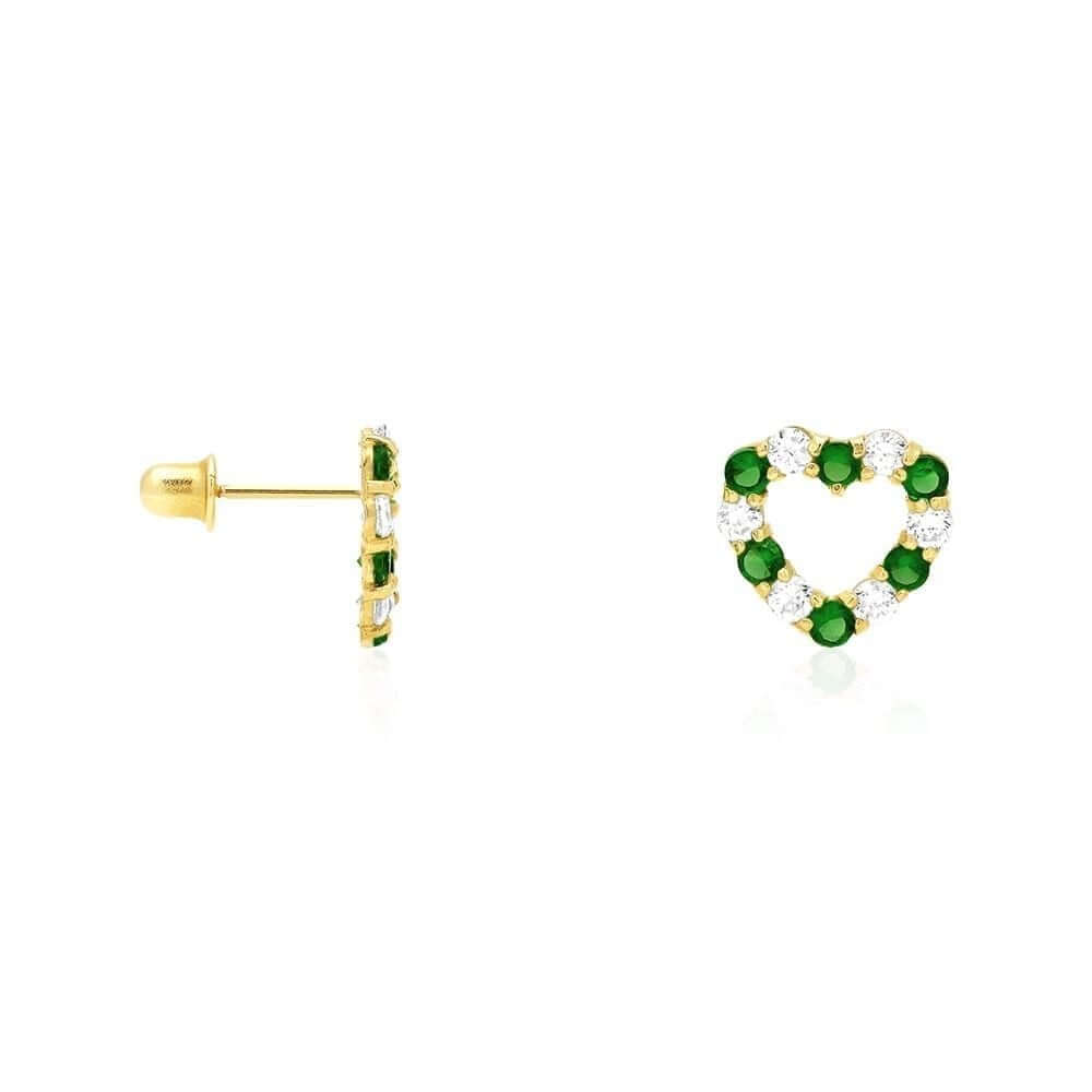 14k Yellow Gold CZ & Birthstone Heart Screw Back Stud Earrings