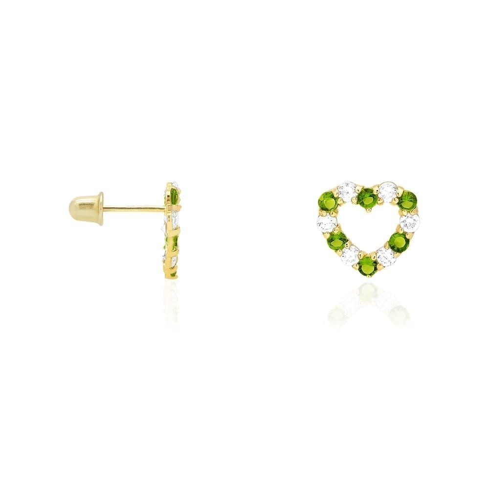 14k Yellow Gold CZ & Birthstone Heart Screw Back Stud Earrings