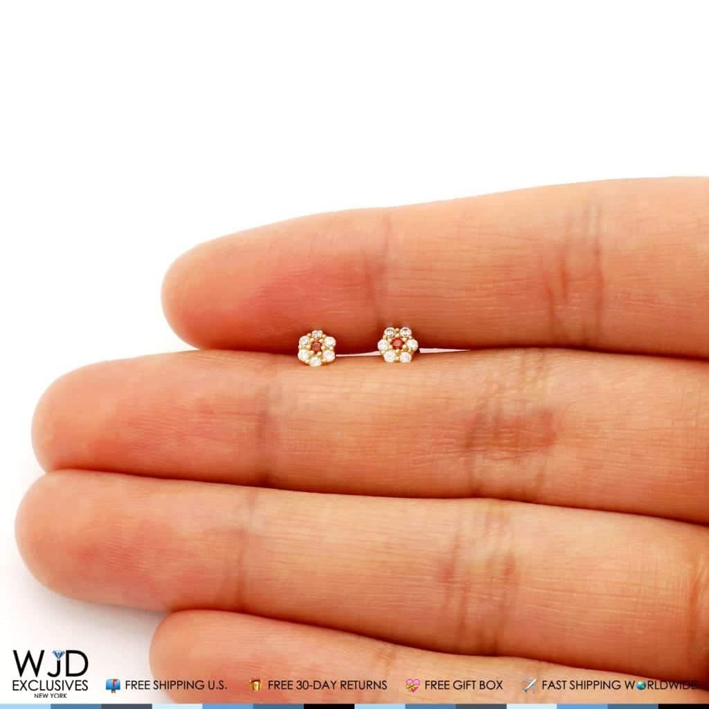 Kid’s 14k Real Gold Birthstone CZ Flower Screw Back Stud Earrings 4mm