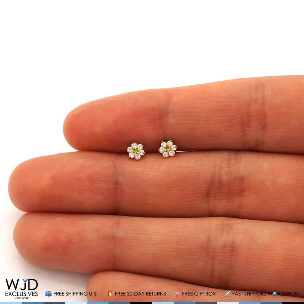 14k Yellow Gold CZ & Peridot Flower Screwback Stud Earrings