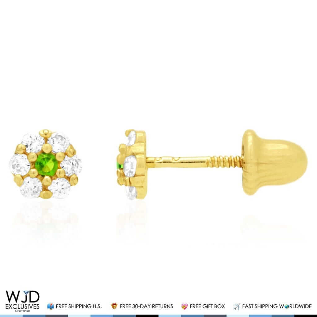 Kid’s 14K Gold Birthstone CZ Flower Screw Back Stud Earrings 4mm