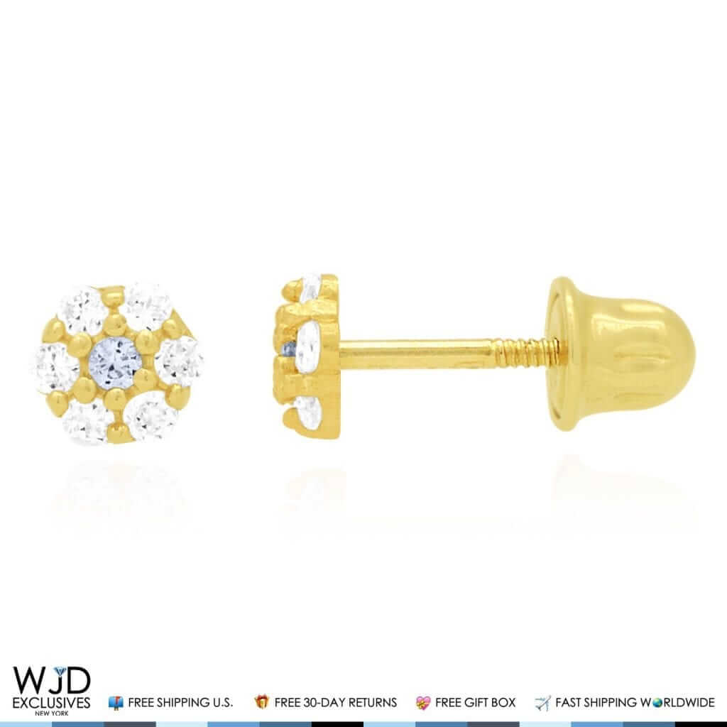 Kid’s 14K Gold Birthstone CZ Flower Screw Back Stud Earrings 4mm
