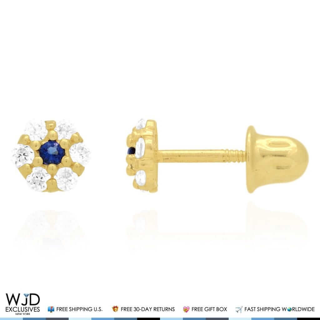 Kid’s 14K Gold Birthstone CZ Flower Screw Back Stud Earrings 4mm