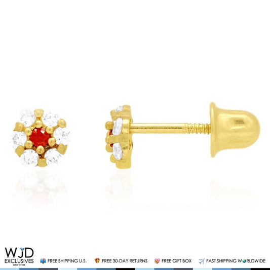Kid’s 14K Gold Birthstone CZ Flower Screw Back Stud Earrings 4mm
