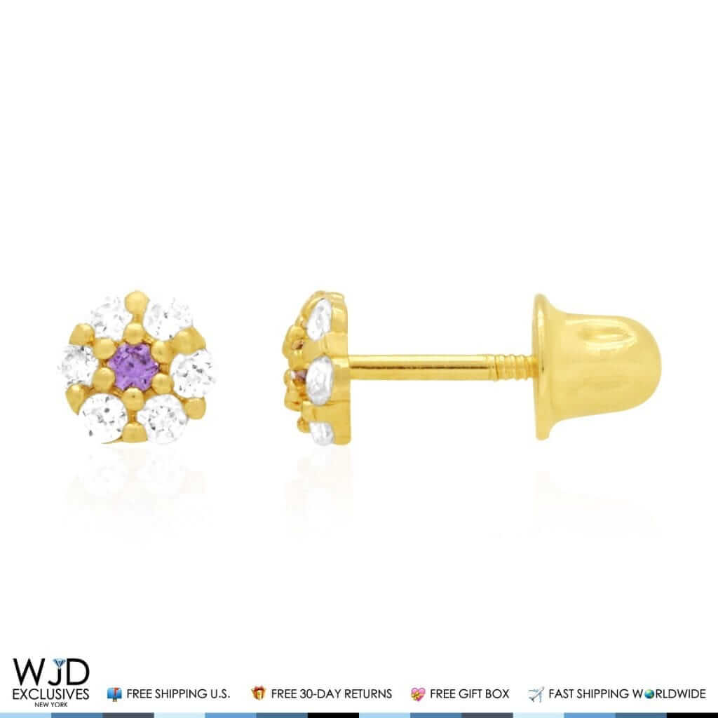 Kid’s 14K Gold Birthstone CZ Flower Screw Back Stud Earrings 4mm