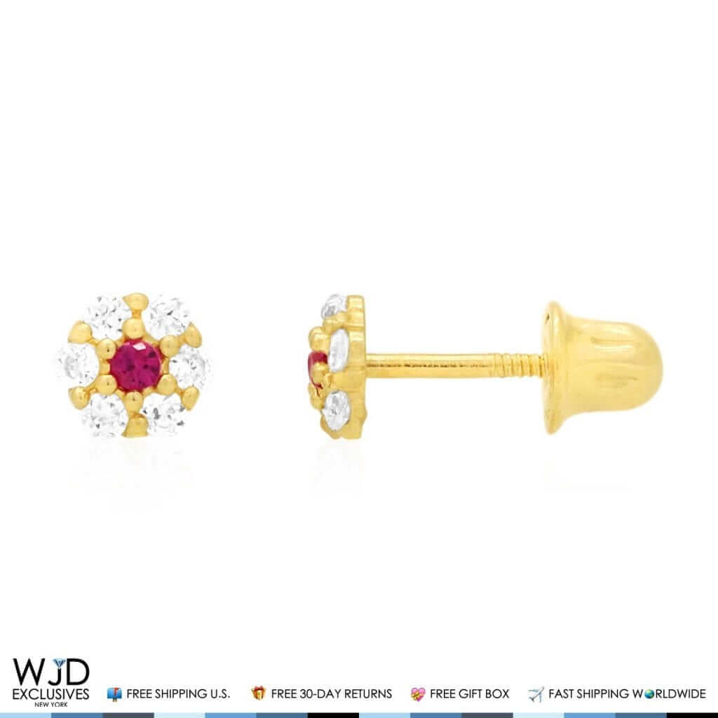 Kid’s 14K Gold Birthstone CZ Flower Screw Back Stud Earrings 4mm