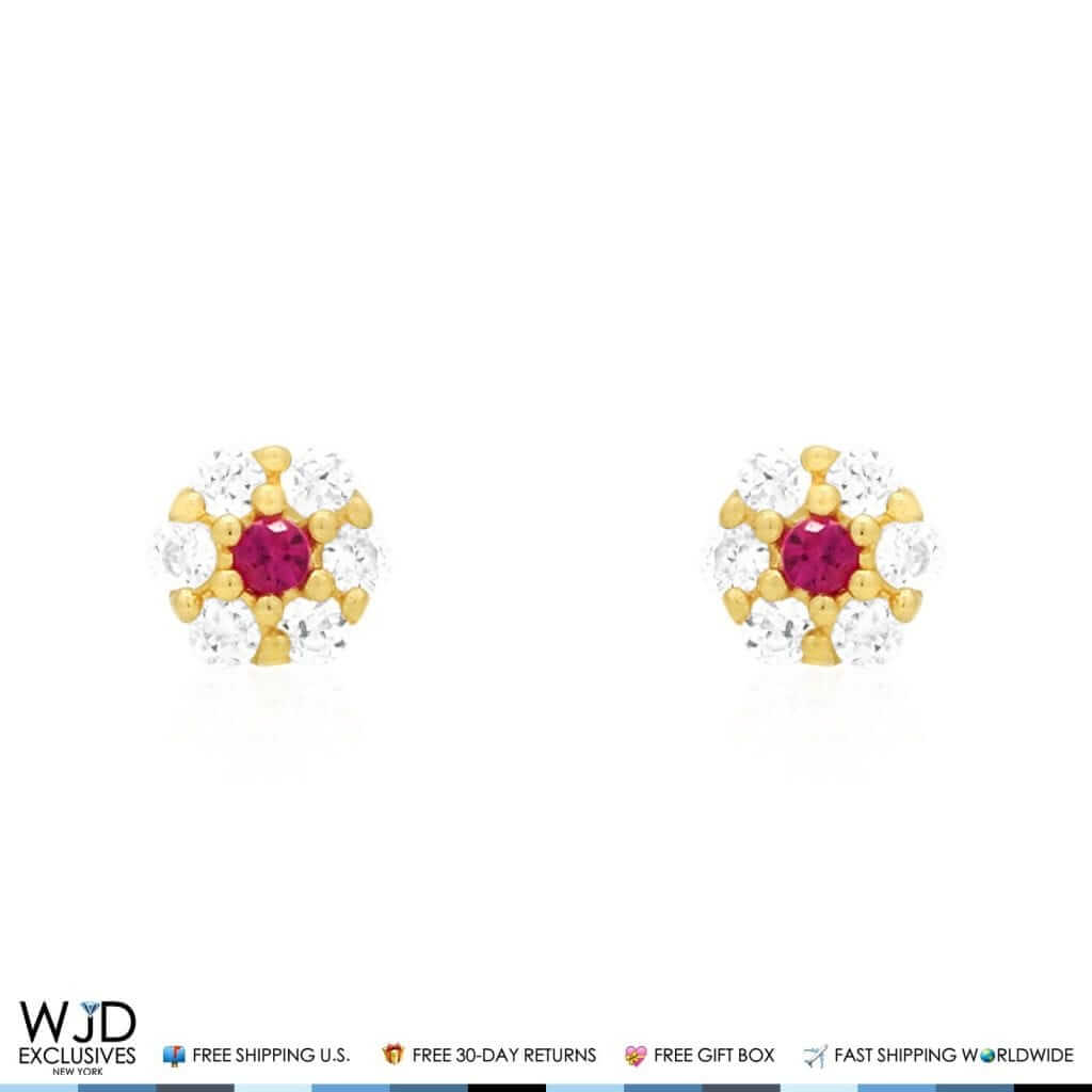 Kid’s 14K Gold Birthstone CZ Flower Screw Back Stud Earrings 4mm