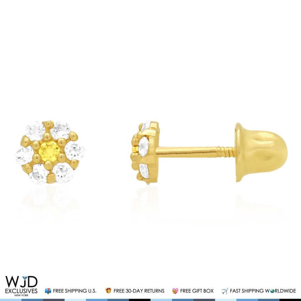 Kid’s 14K Gold Birthstone CZ Flower Screw Back Stud Earrings 4mm