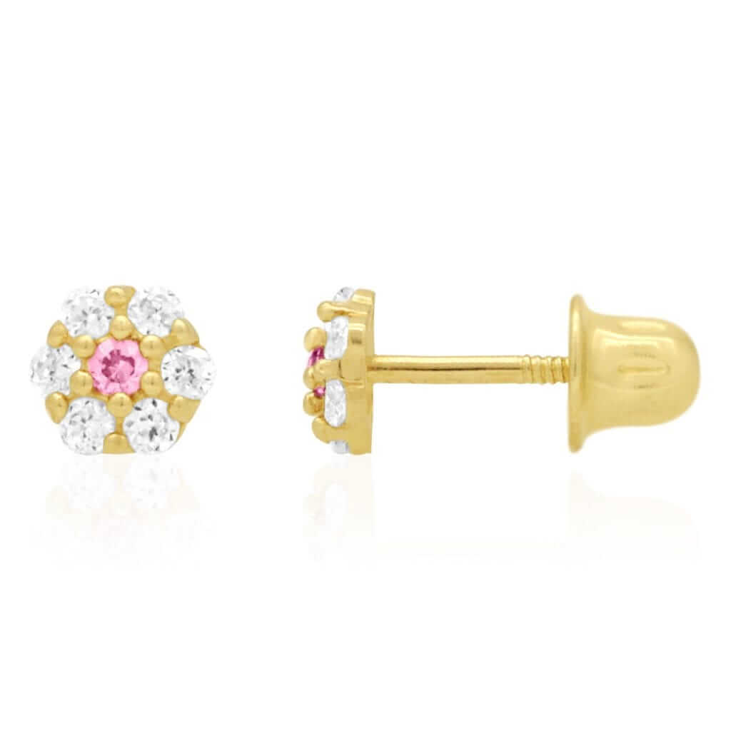 Kid’s 14K Gold Birthstone CZ Flower Screw Back Stud Earrings 4mm
