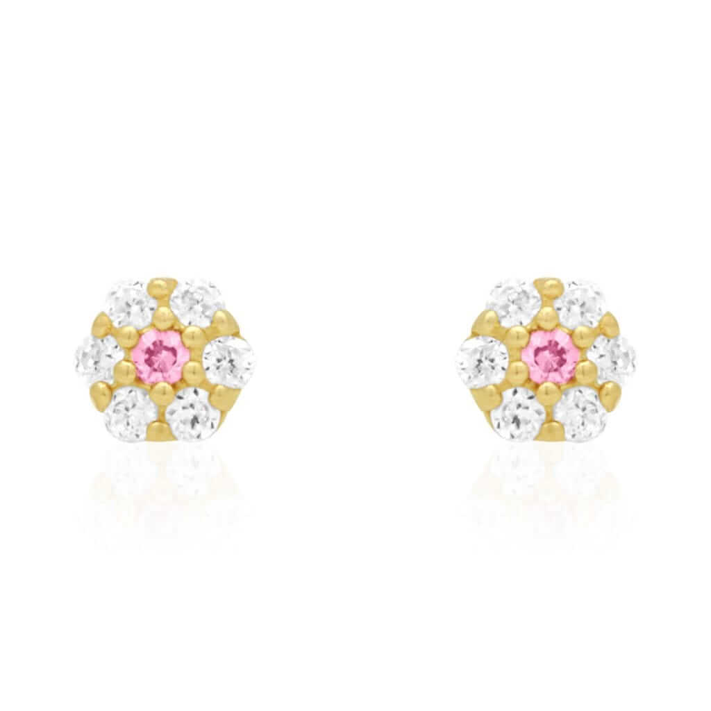 Kid’s 14K Gold Birthstone CZ Flower Screw Back Stud Earrings 4mm