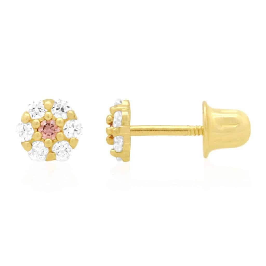 Kid’s 14K Gold Birthstone CZ Flower Screw Back Stud Earrings 4mm