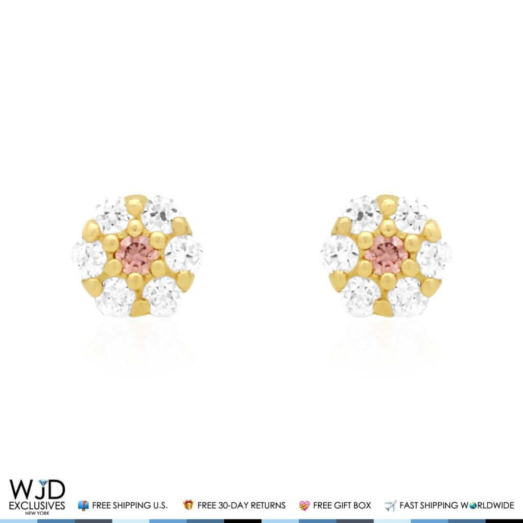 Kid’s 14K Gold Birthstone CZ Flower Screw Back Stud Earrings 4mm