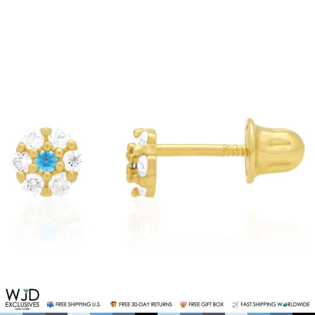 Kid’s 14K Gold Birthstone CZ Flower Screw Back Stud Earrings 4mm