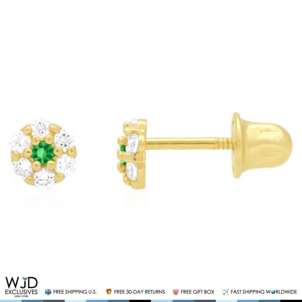 Kid’s 14K Gold Birthstone CZ Flower Screw Back Stud Earrings 4mm