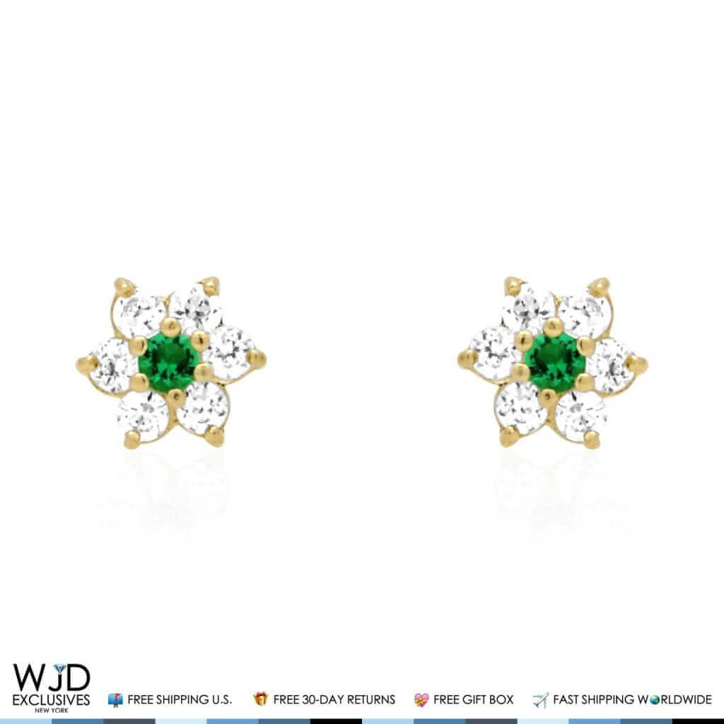 14k Yellow Gold CZ Emerald And Flower Screwback Stud Earrings