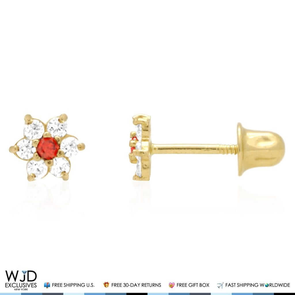 14k Yellow Gold CZ And Garnet Flower Screwback Stud Earrings