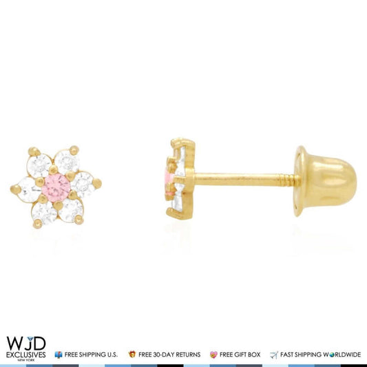 14k Yellow Gold CZ Tourmaline Flower Screwback Stud Earrings