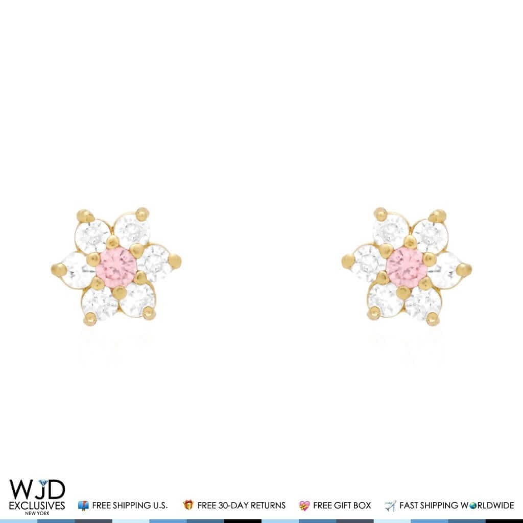 Kids 14K Gold .50Ct Birthstone Flower Cluster Screwback Stud Earrings