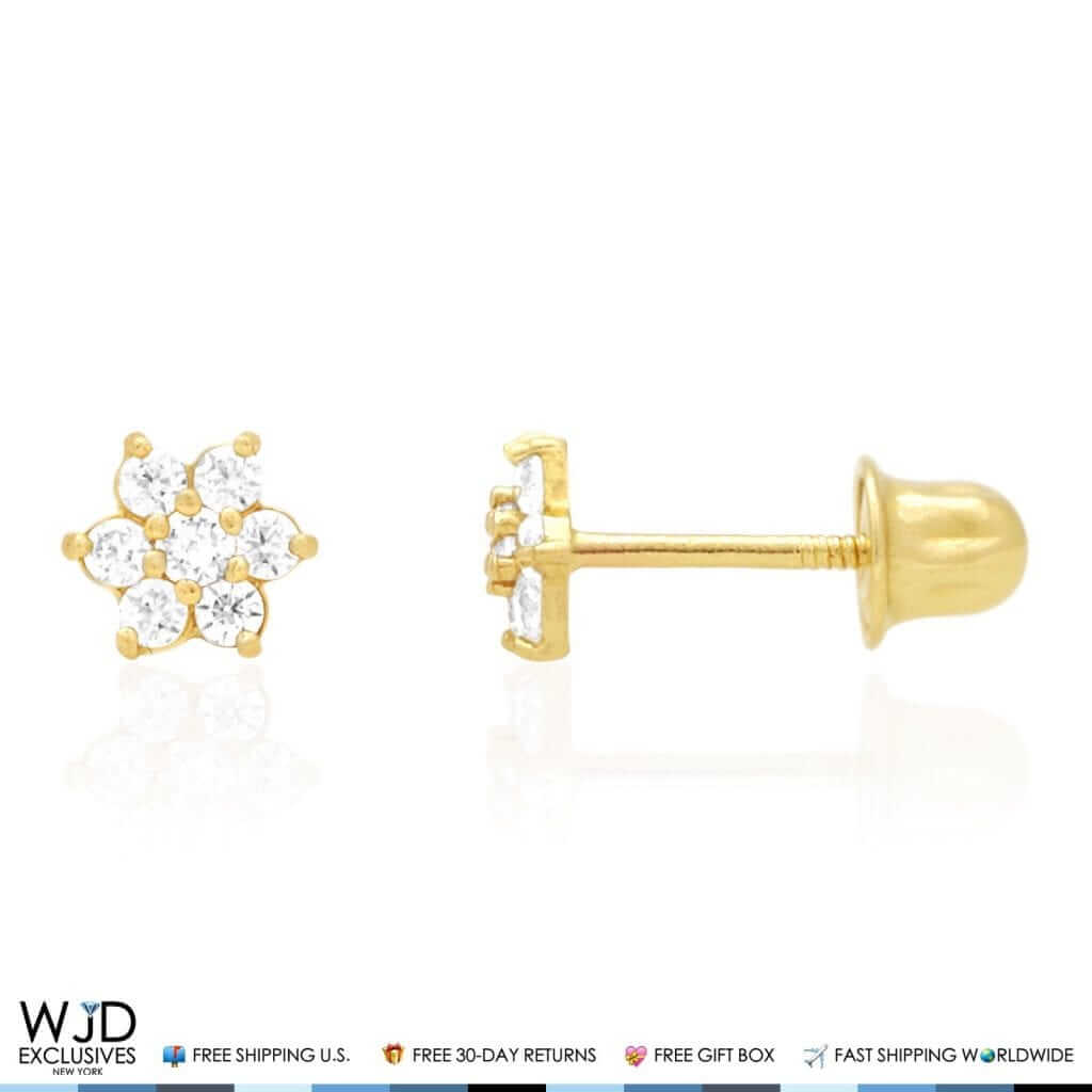 Kids 14K Gold .50Ct Birthstone Flower Cluster Screwback Stud Earrings