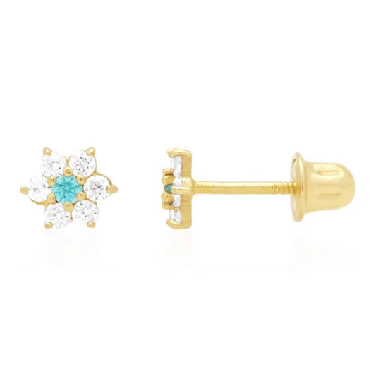 14k Gold CZ Blue Topaz Flower Cluster Screwback Stud Earrings
