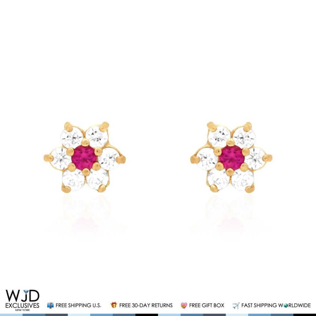 Kids 14K Gold .50Ct Birthstone Flower Cluster Screwback Stud Earrings
