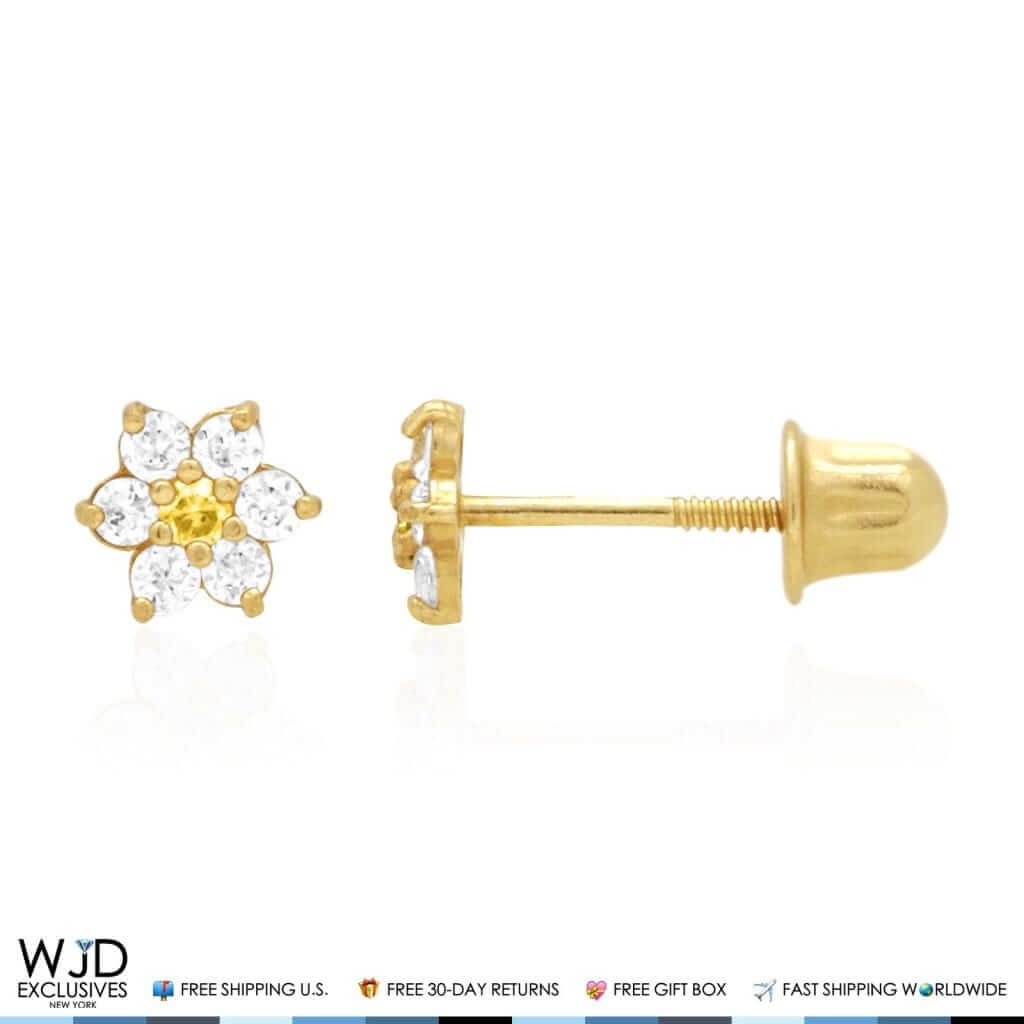 Kids 14K Gold .50Ct Birthstone Flower Cluster Screwback Stud Earrings