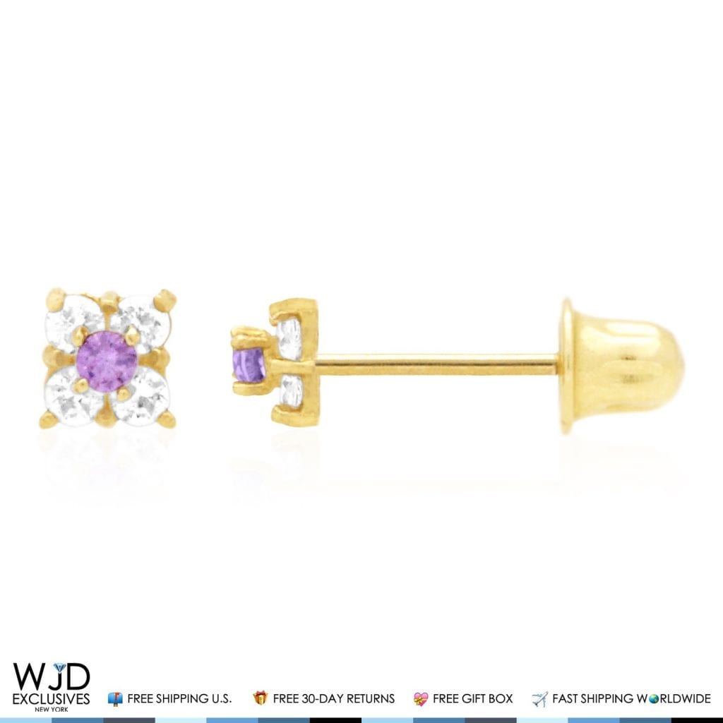 0.30Ct CZ & Amethyst 14k Gold Square Screwback Stud Earrings