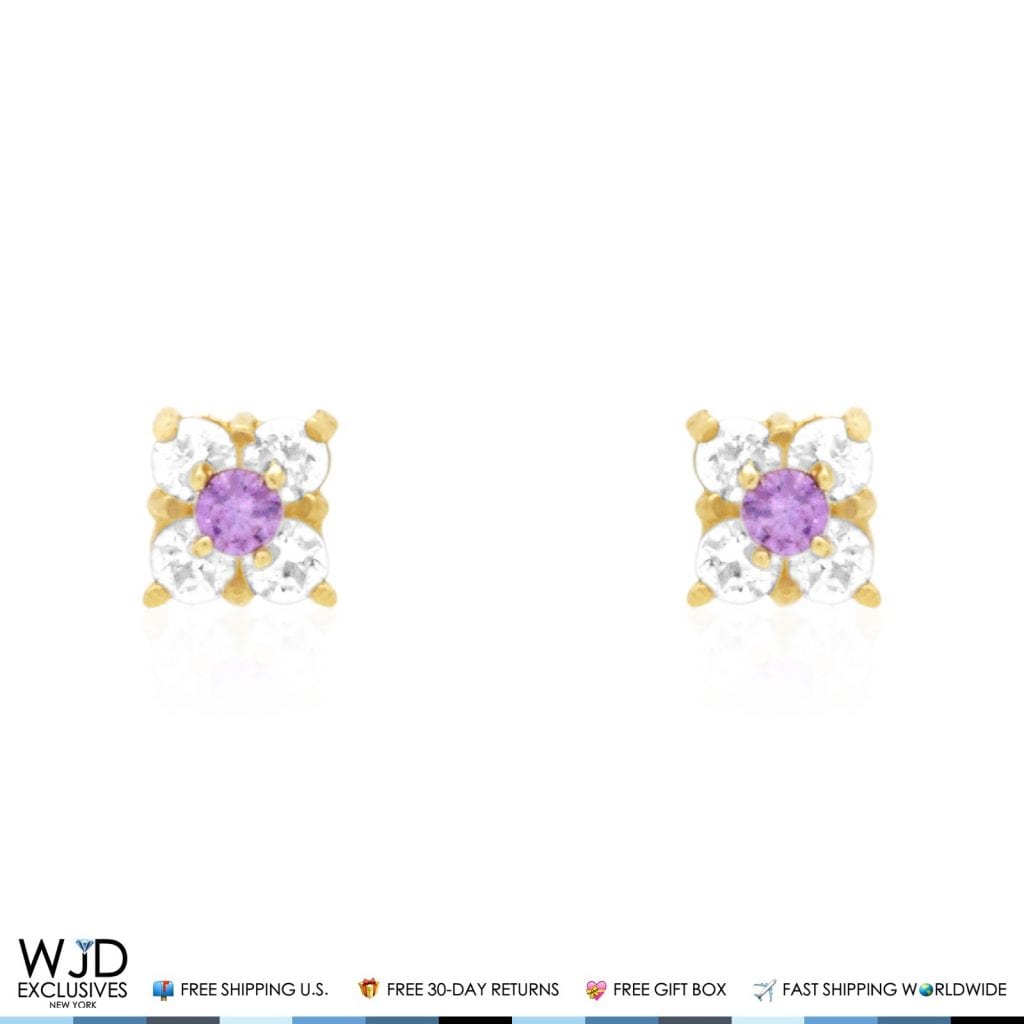 0.30Ct CZ & Amethyst 14k Gold Square Screwback Stud Earrings