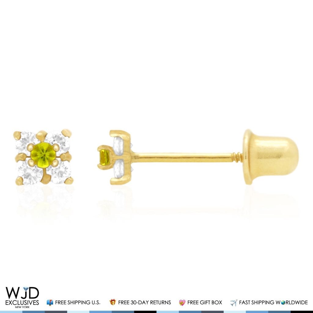 .30Ct CZ & Peridot 14k Yellow Gold Square Screwback Stud Earrings