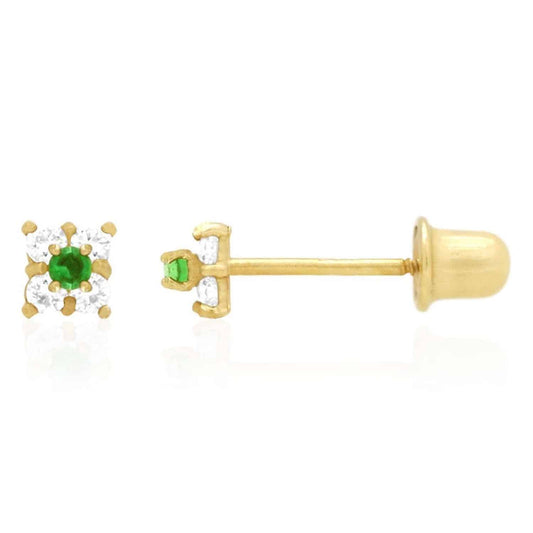 14K Yellow Gold Diamond And Emerald Square Screwback Stud Earrings 0.30Ct