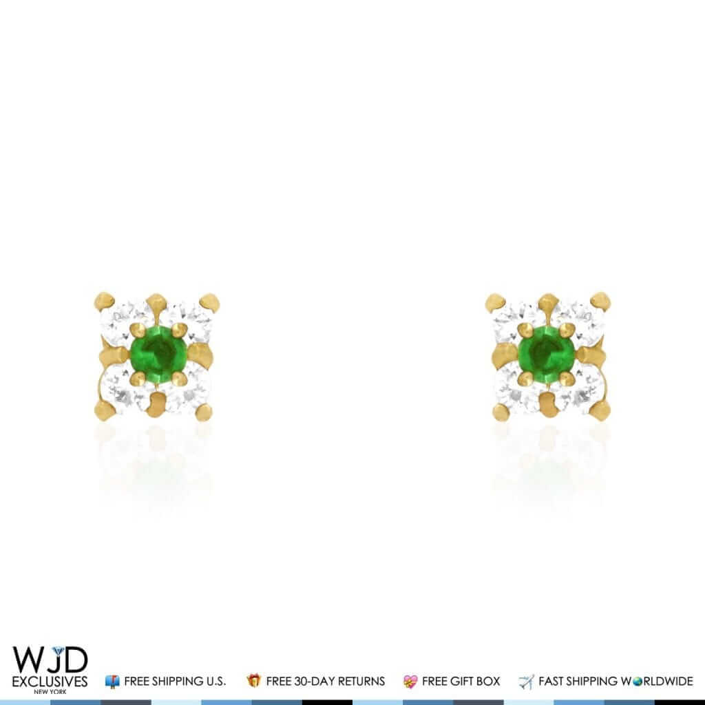 14K Yellow Gold Diamond And Emerald Square Screwback Stud Earrings 0.30Ct