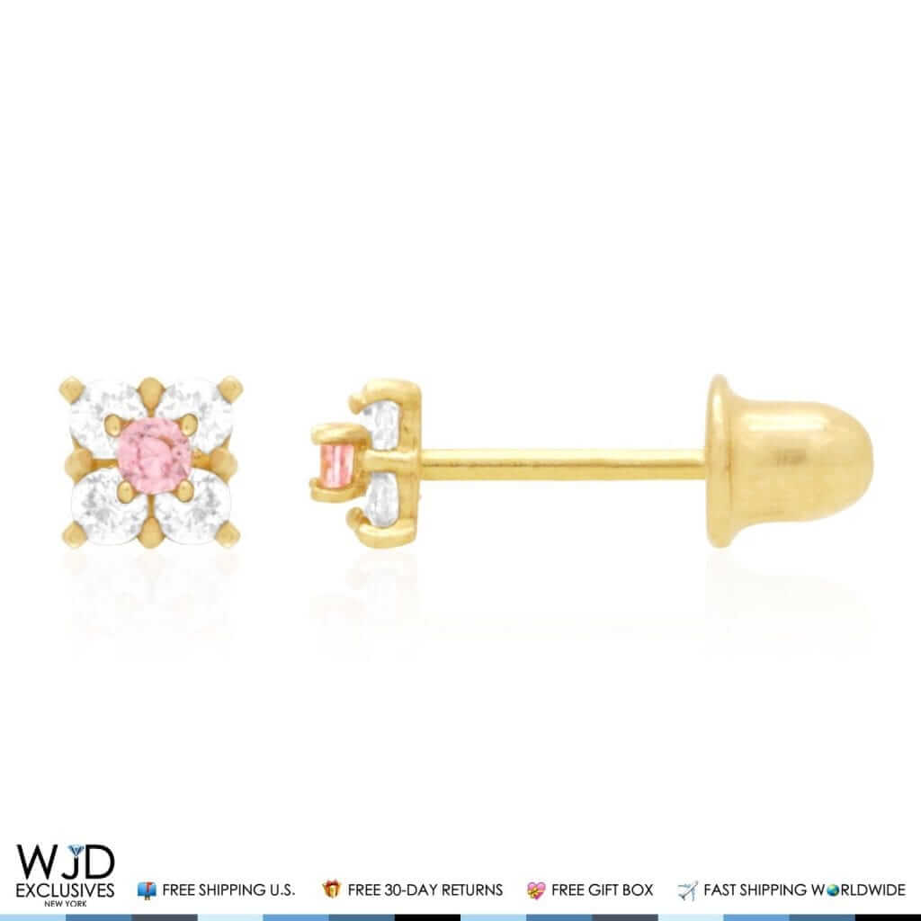 14k Yellow Gold Diamond & Pink Tourmaline Square Screwback Stud Earrings 0.3Ct