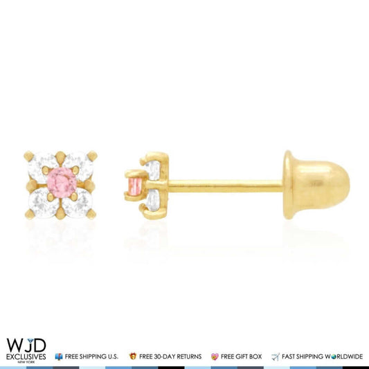 14k Yellow Gold Diamond & Pink Tourmaline Square Screwback Stud Earrings 0.3Ct