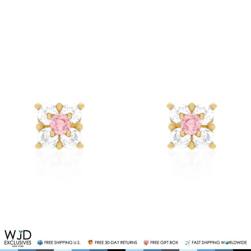 14k Yellow Gold Diamond & Pink Tourmaline Square Screwback Stud Earrings 0.3Ct