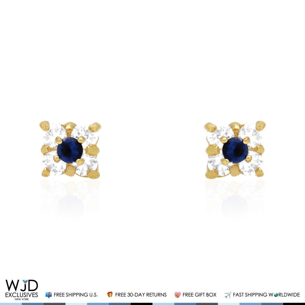 14k Solid Yellow Gold Diamond And Sapphire Square Screwback Stud Earrings 0.30Ct