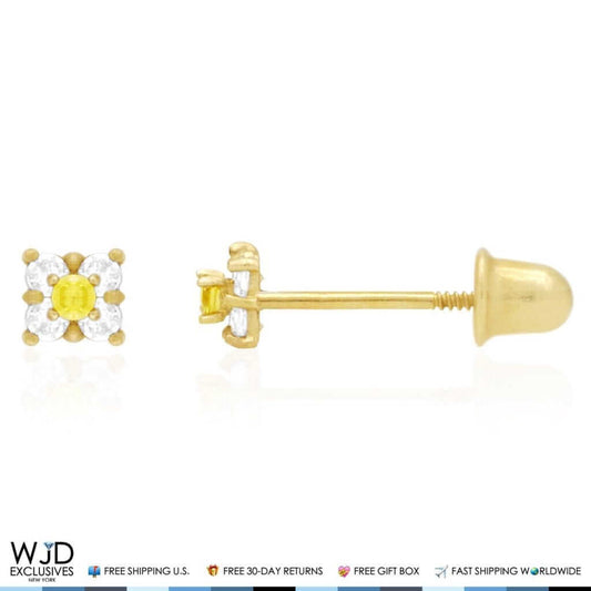 14k Yellow Gold 0.30Ct CZ & Citrine Square Cluster Stud Earrings