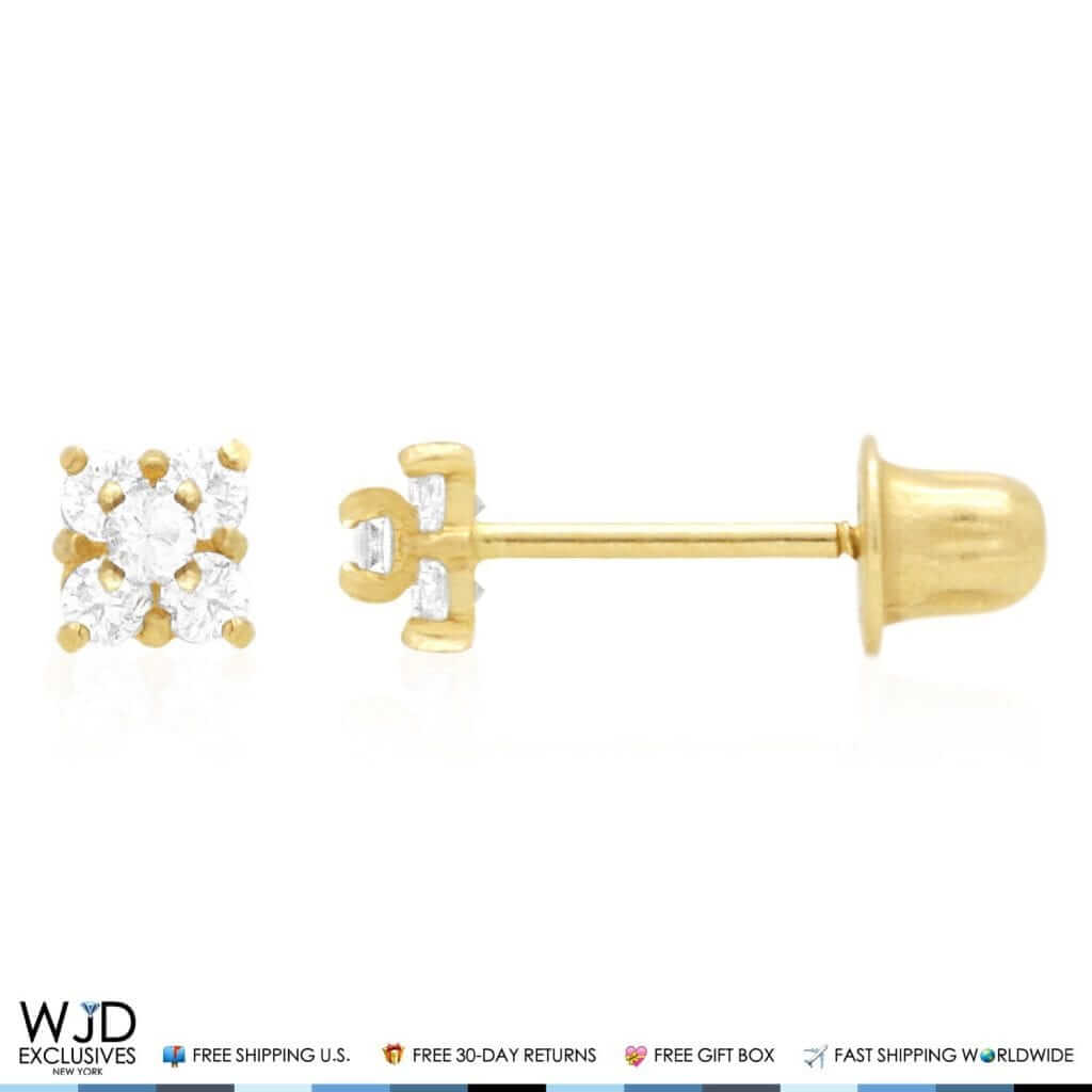 14K Yellow Gold Created White Diamond Square Screwback Stud Earrings 0.3Ct