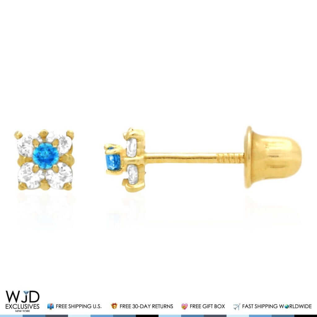 14k Gold CZ & Blue Topaz Square Screwback Earrings 0.30Ct