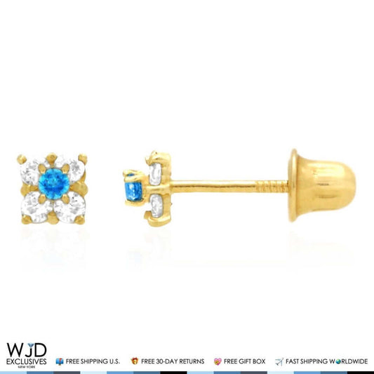14k Gold CZ & Blue Topaz Square Screwback Earrings 0.30Ct